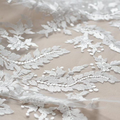White Embroidered Bridal Lace Fabric: Corded Wedding Gown Lace