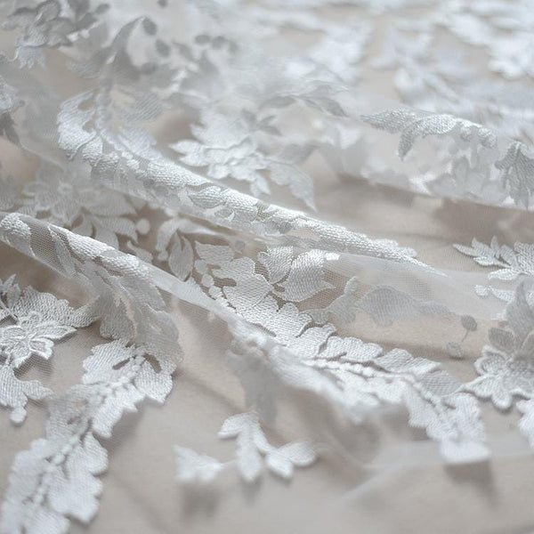 White Embroidered Bridal Lace Fabric: Corded Wedding Gown Lace