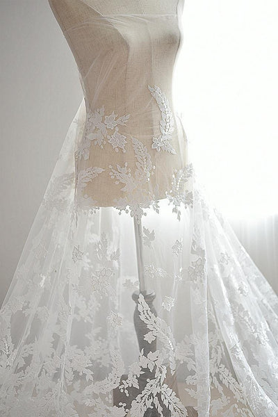 White Embroidered Bridal Lace Fabric: Corded Wedding Gown Lace