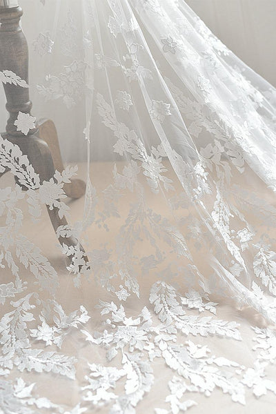 White Embroidered Bridal Lace Fabric: Corded Wedding Gown Lace