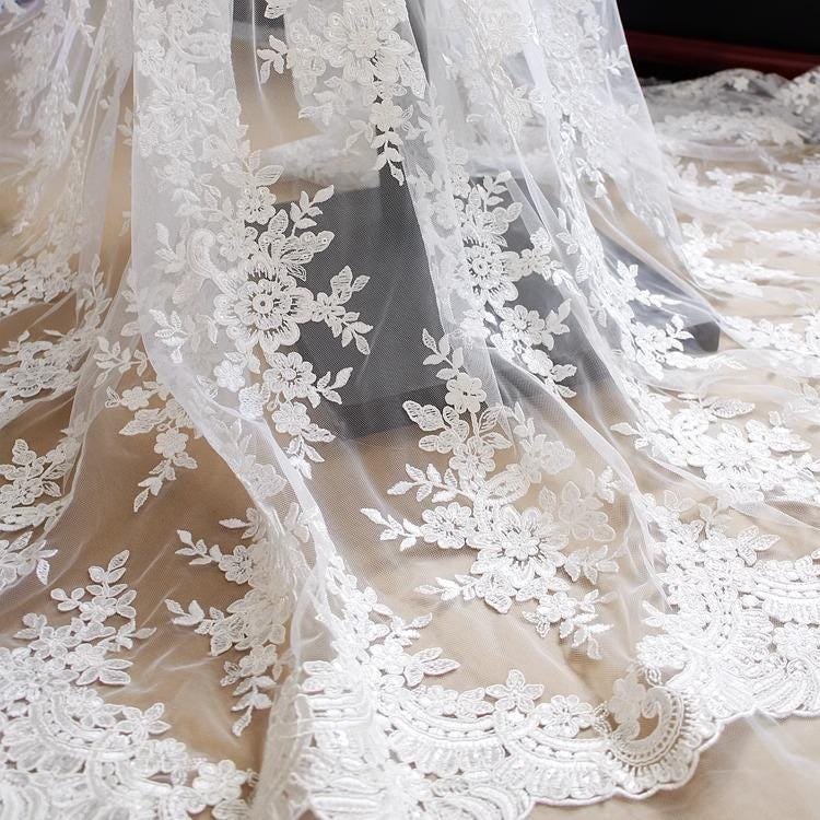 White Embroidered Bridal Lace Fabric - Corded Wedding Gown Lace