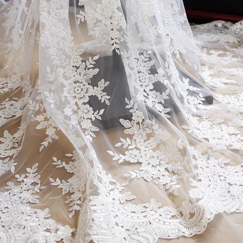White Embroidered Bridal Lace Fabric - Corded Wedding Gown Lace