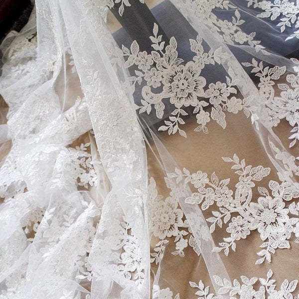 White Embroidered Bridal Lace Fabric - Corded Wedding Gown Lace