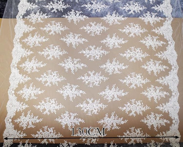 White Embroidered Bridal Lace Fabric - Corded Wedding Gown Lace
