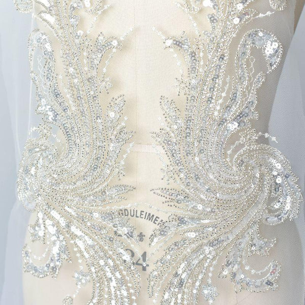 Embroidered Bridal Lace Applique Pair: Wedding Gown Embellishment