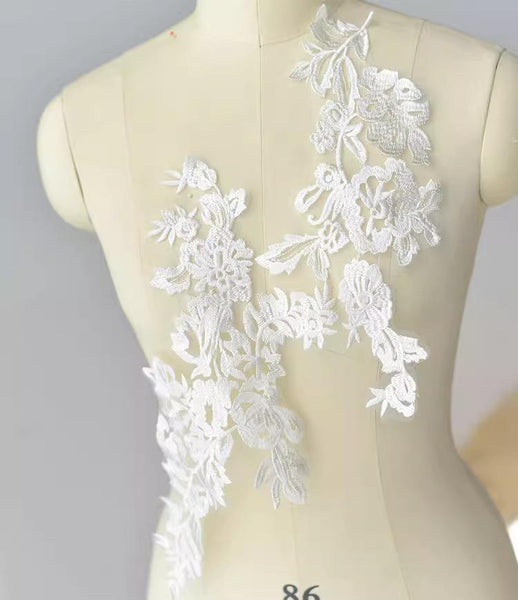Bridal Lace Applique Pair: Embroidered Wedding Gown Embellishment