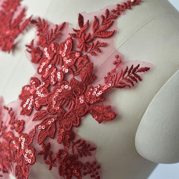 Embroidered Floral Lace Applique Pair: Bridal Gown Embellishment