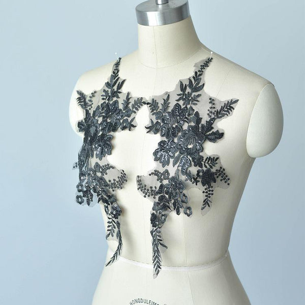 Embroidered Floral Lace Applique Pair: Bridal Gown Embellishment