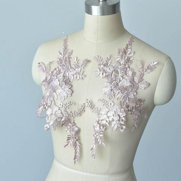 Embroidered Floral Lace Applique Pair: Bridal Gown Embellishment