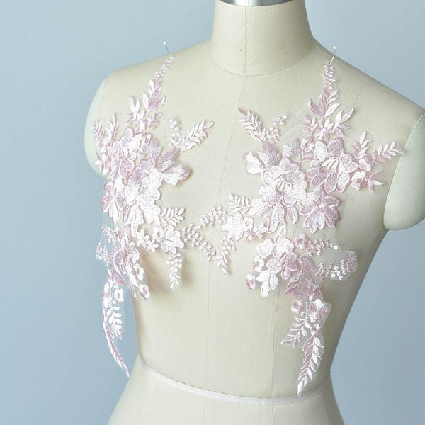 Embroidered Floral Lace Applique Pair: Bridal Gown Embellishment