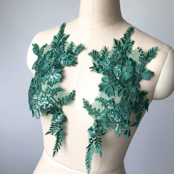 Embroidered Floral Lace Applique Pair: Bridal Gown Embellishment