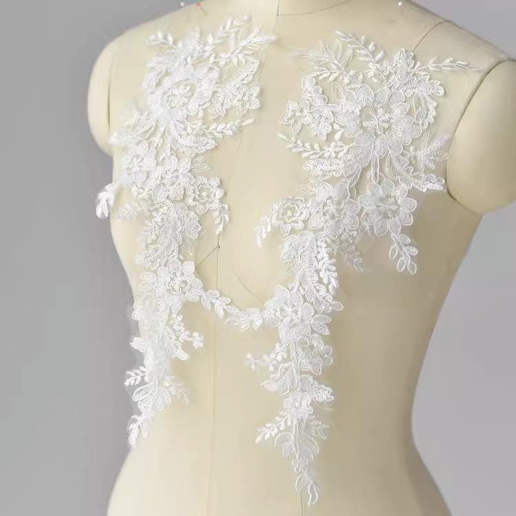Embroidered Floral Lace Applique Pair: Bridal Gown Embellishment