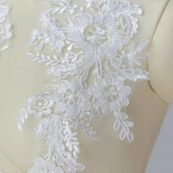Embroidered Floral Lace Applique Pair: Bridal Gown Embellishment