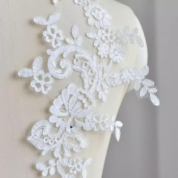 Bridal Embroidered Lace Applique Pair: Wedding Gown Embellishment