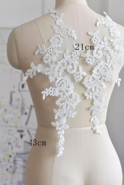 Bridal Embroidered Lace Applique Pair: Wedding Gown Embellishment