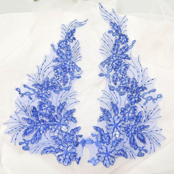 Floral Embroidered Lace Applique Pair: Bridal Gown Embellishment