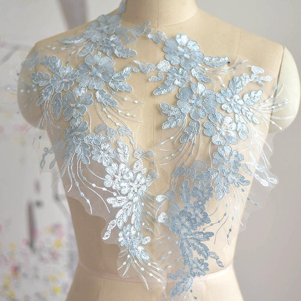 Floral Embroidered Lace Applique Pair: Bridal Gown Embellishment