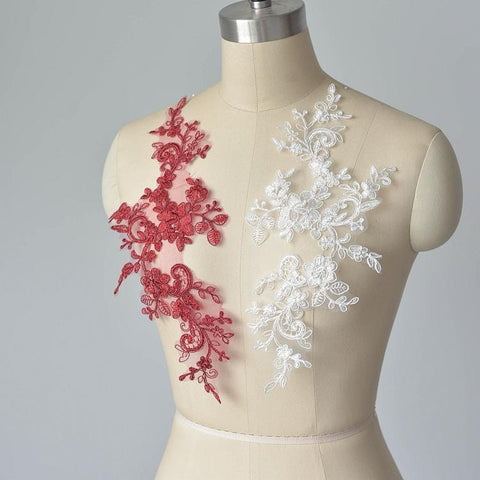 Embroidered Floral Lace Applique Pair: Bridal Gown Embellishment