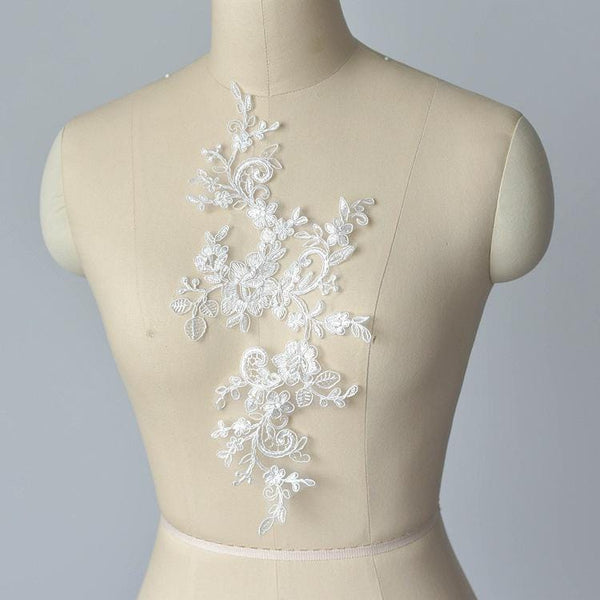Embroidered Floral Lace Applique Pair: Bridal Gown Embellishment