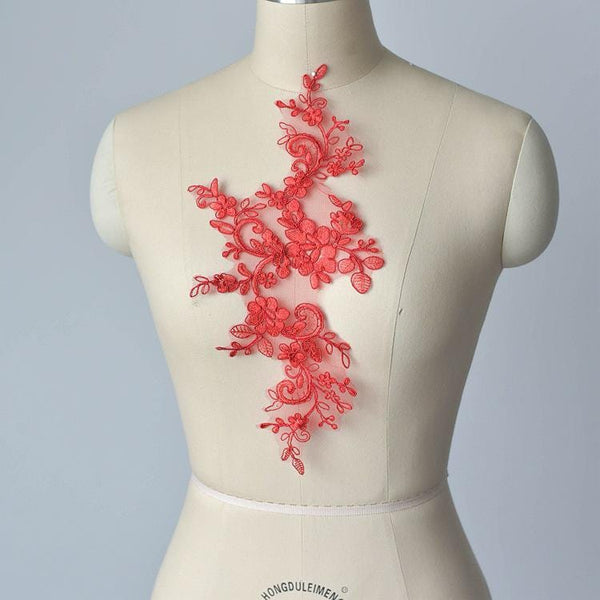 Embroidered Floral Lace Applique Pair: Bridal Gown Embellishment