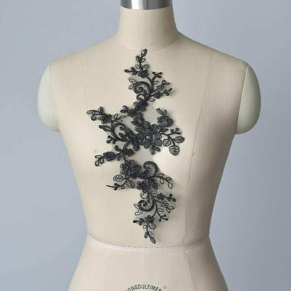 Embroidered Floral Lace Applique Pair: Bridal Gown Embellishment