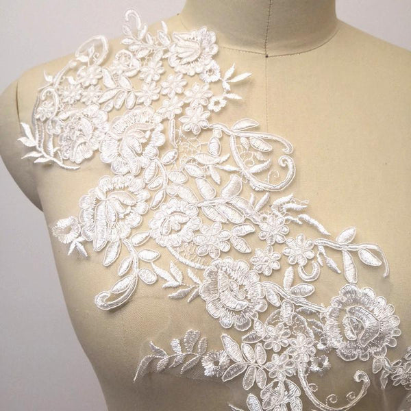 Embroidered Floral Lace Applique Pair for Bridal Gown
