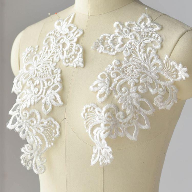 Bridal Embroidered Lace Applique Pair: Wedding Gown Embellishment