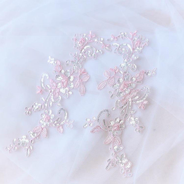 Embroidered Bridal Lace Applique Pair: Floral Gown Embellishment