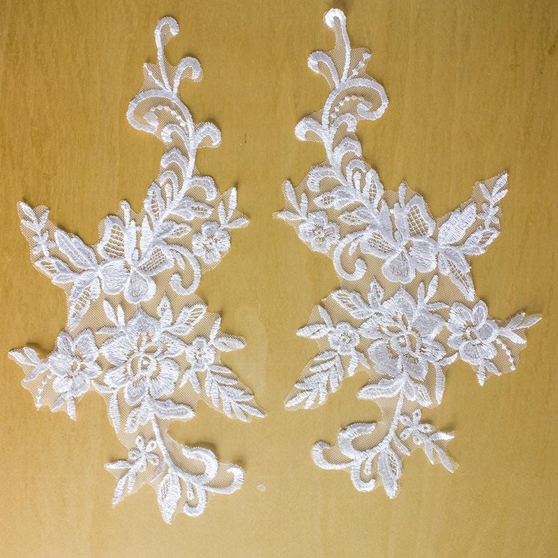 Bridal Embroidered Lace Applique Pair: Wedding Gown Embellishment