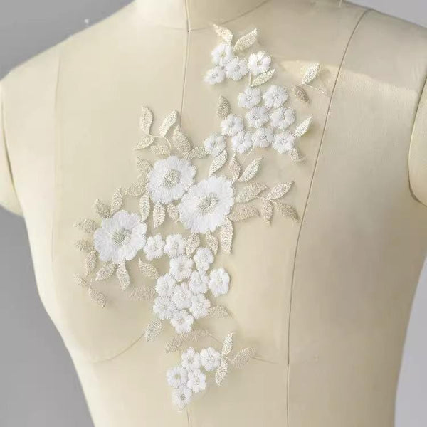 Floral Embroidered Lace Applique Pair: Bridal Gown Embellishment
