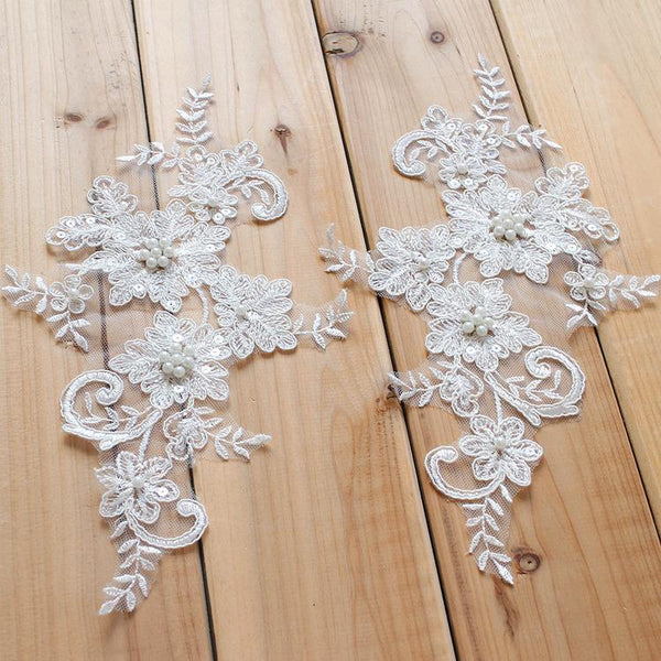 Bridal Lace Applique Pair: Embroidered Wedding Gown Embellishment