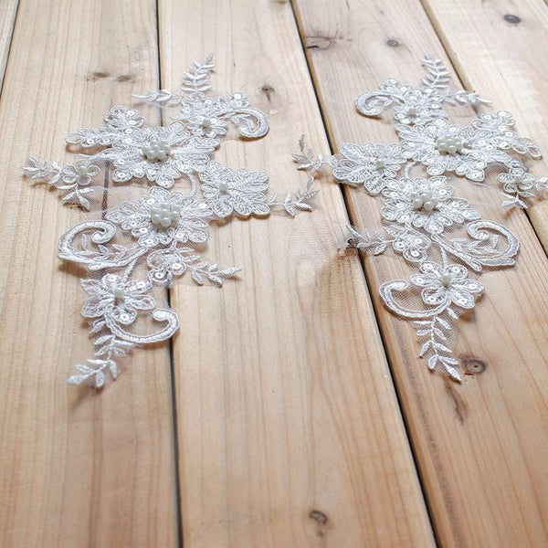 Bridal Lace Applique Pair: Embroidered Wedding Gown Embellishment