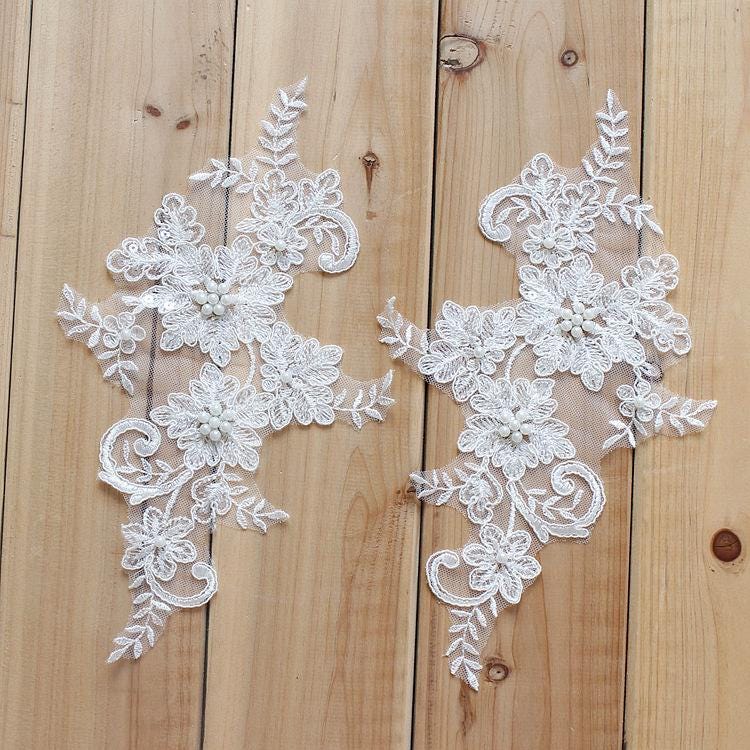 Bridal Lace Applique Pair: Embroidered Wedding Gown Embellishment