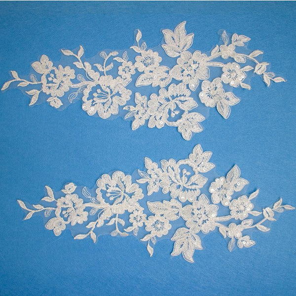 Embroidered Floral Lace Applique Pair: Bridal Gown Embellishment