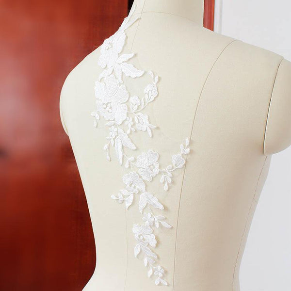 Bridal Lace Applique Pair: Embroidered Floral Wedding Gown Embellishment