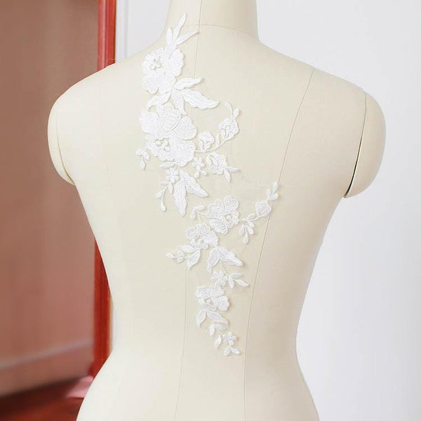 Bridal Lace Applique Pair: Embroidered Floral Wedding Gown Embellishment