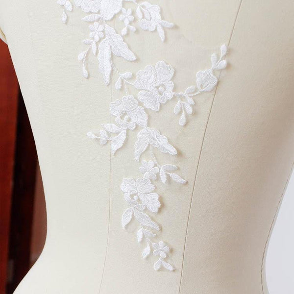 Bridal Lace Applique Pair: Embroidered Floral Wedding Gown Embellishment