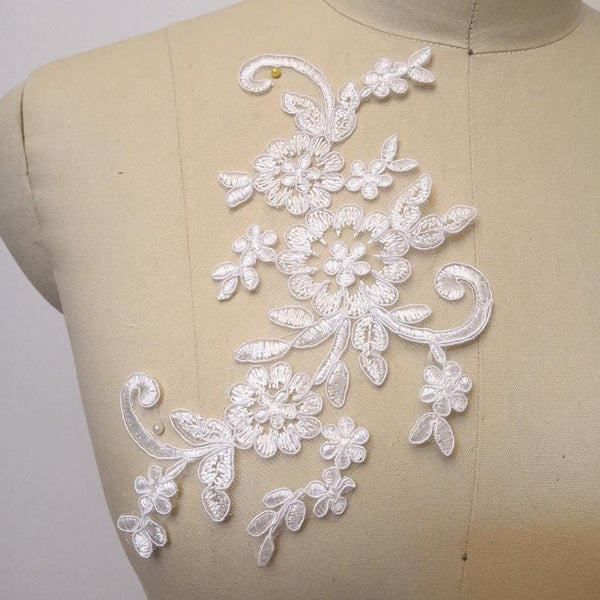 Embroidered Floral Lace Applique Pair: Bridal Gown Embellishments