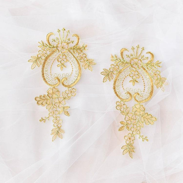 Embroidered Floral Lace Applique Pair: Bridal Gown Embellishment