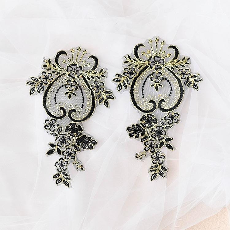 Embroidered Floral Lace Applique Pair: Bridal Gown Embellishment