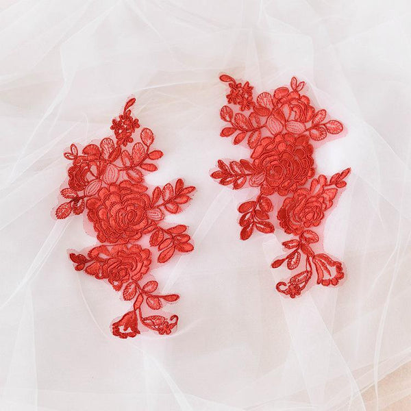 Embroidered Floral Lace Applique Pair for Bridal Gown