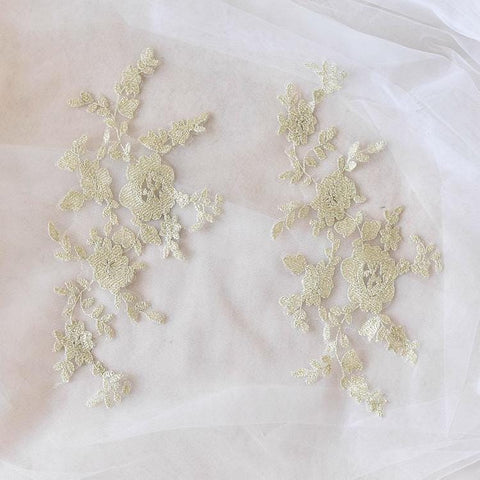 Embroidered Floral Lace Applique Pair: Bridal Gown Embellishment (5x11 in)
