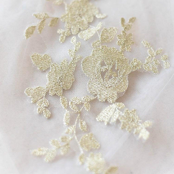 Embroidered Floral Lace Applique Pair: Bridal Gown Embellishment (5x11 in)
