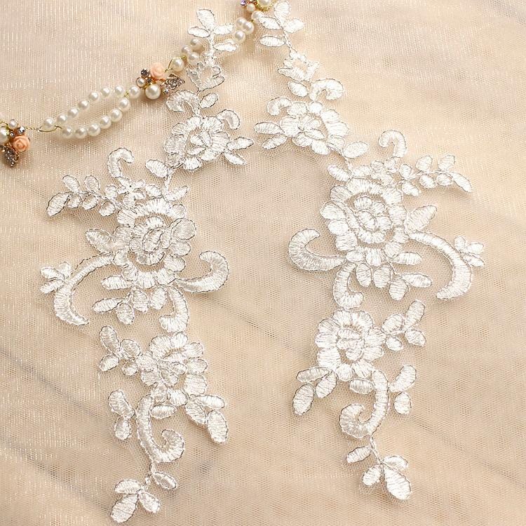 Embroidered Floral Lace Applique Pair: Bridal Gown Embellishment