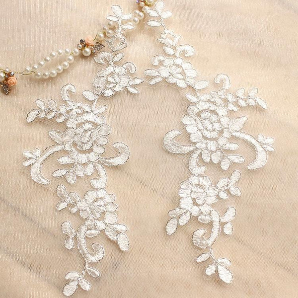 Embroidered Floral Lace Applique Pair: Bridal Gown Embellishment