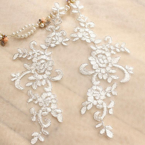 Embroidered Floral Lace Applique Pair: Bridal Gown Embellishment