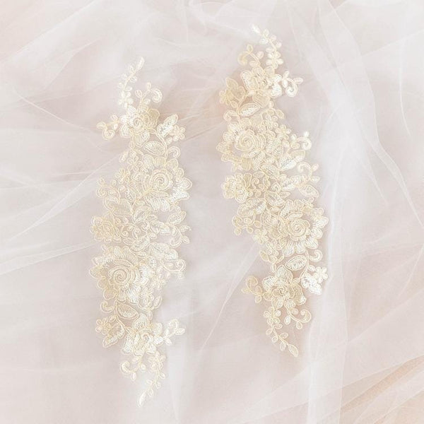 Embroidered Floral Lace Applique Pair: Bridal Gown Embellishment