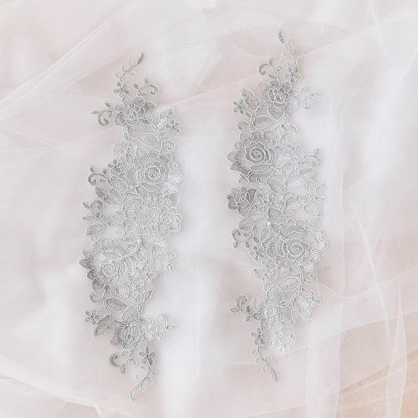 Embroidered Floral Lace Applique Pair: Bridal Gown Embellishment