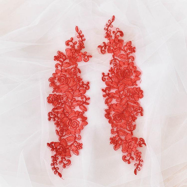 Embroidered Floral Lace Applique Pair: Bridal Gown Embellishment