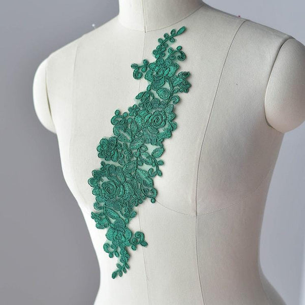 Embroidered Floral Lace Applique Pair: Bridal Gown Embellishment
